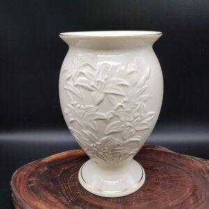 Lenox Ivory Porcelain Vase Lily Embossed Floral Gold Trim 8" Tall Vintage